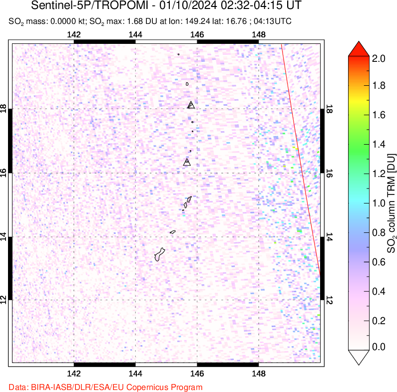 A sulfur dioxide image over Anatahan, Mariana Islands on Jan 10, 2024.