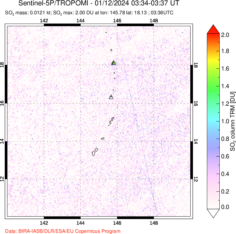 A sulfur dioxide image over Anatahan, Mariana Islands on Jan 12, 2024.