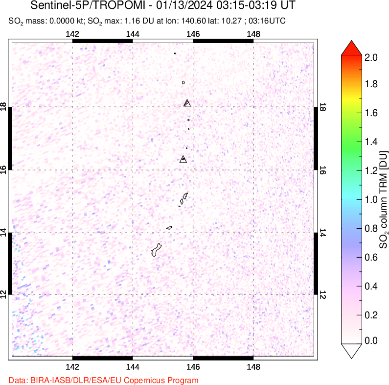 A sulfur dioxide image over Anatahan, Mariana Islands on Jan 13, 2024.