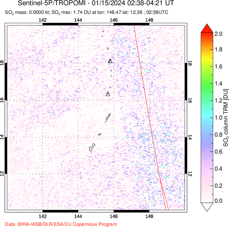 A sulfur dioxide image over Anatahan, Mariana Islands on Jan 15, 2024.