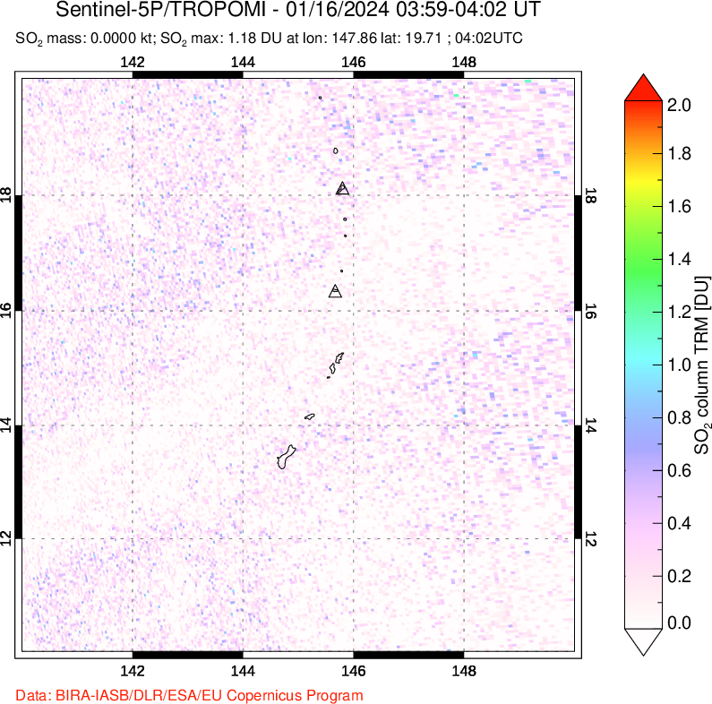 A sulfur dioxide image over Anatahan, Mariana Islands on Jan 16, 2024.