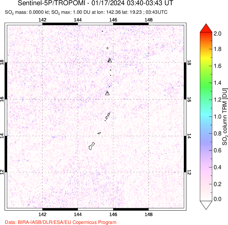 A sulfur dioxide image over Anatahan, Mariana Islands on Jan 17, 2024.