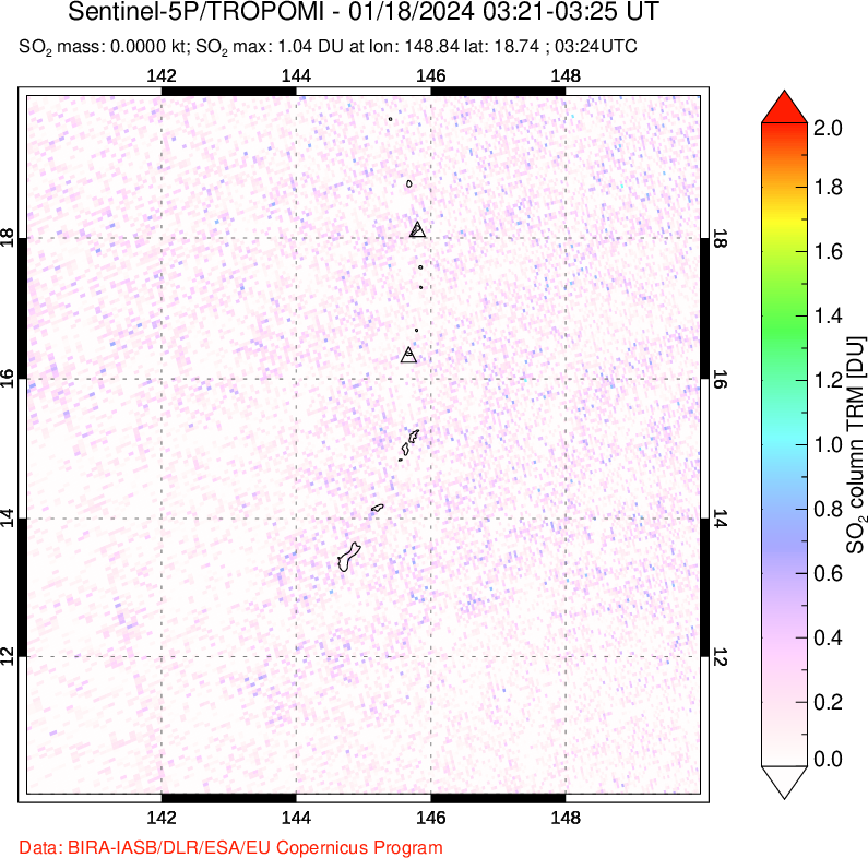 A sulfur dioxide image over Anatahan, Mariana Islands on Jan 18, 2024.