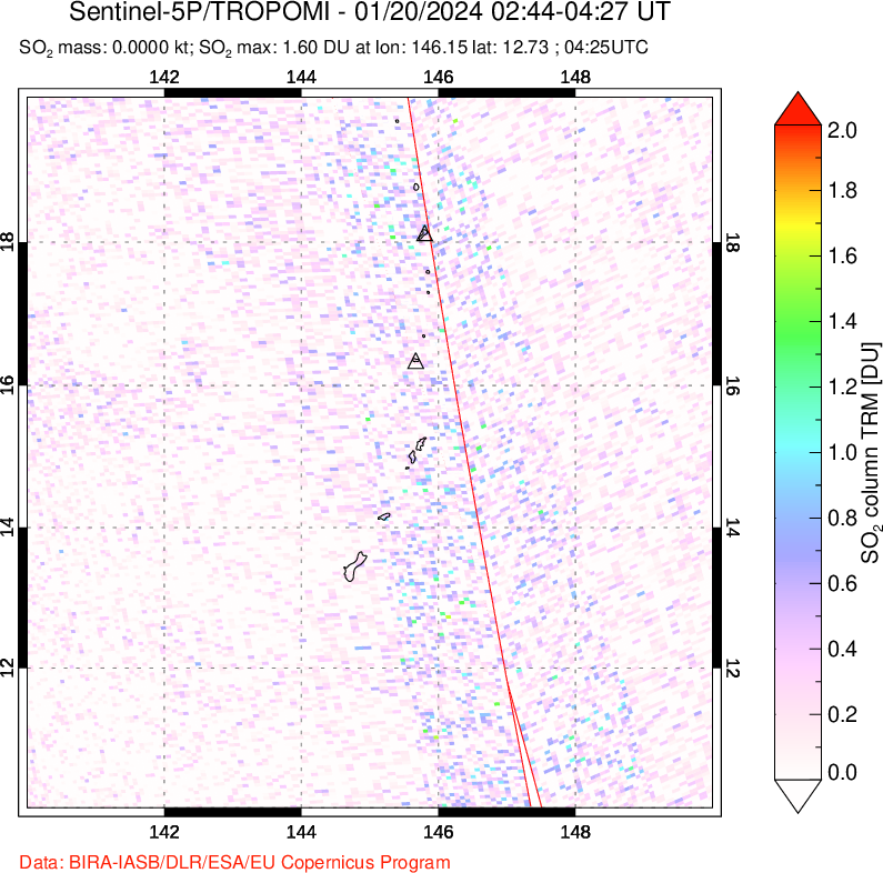 A sulfur dioxide image over Anatahan, Mariana Islands on Jan 20, 2024.