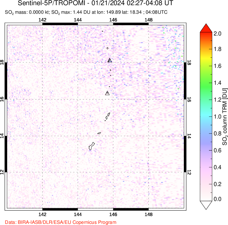 A sulfur dioxide image over Anatahan, Mariana Islands on Jan 21, 2024.