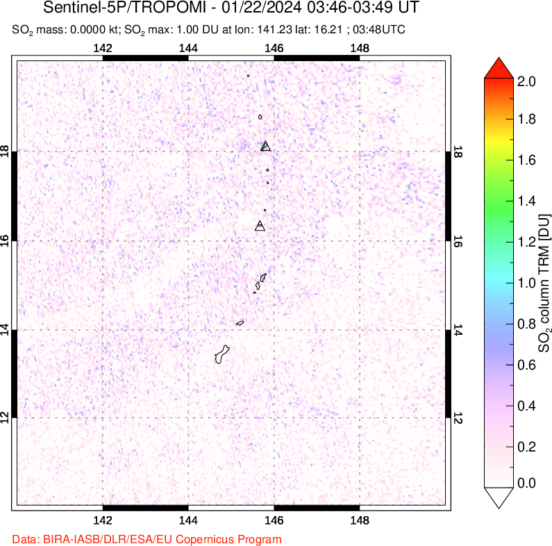 A sulfur dioxide image over Anatahan, Mariana Islands on Jan 22, 2024.