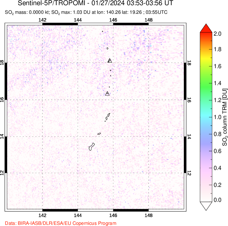 A sulfur dioxide image over Anatahan, Mariana Islands on Jan 27, 2024.