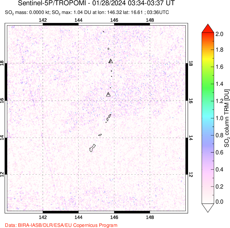 A sulfur dioxide image over Anatahan, Mariana Islands on Jan 28, 2024.