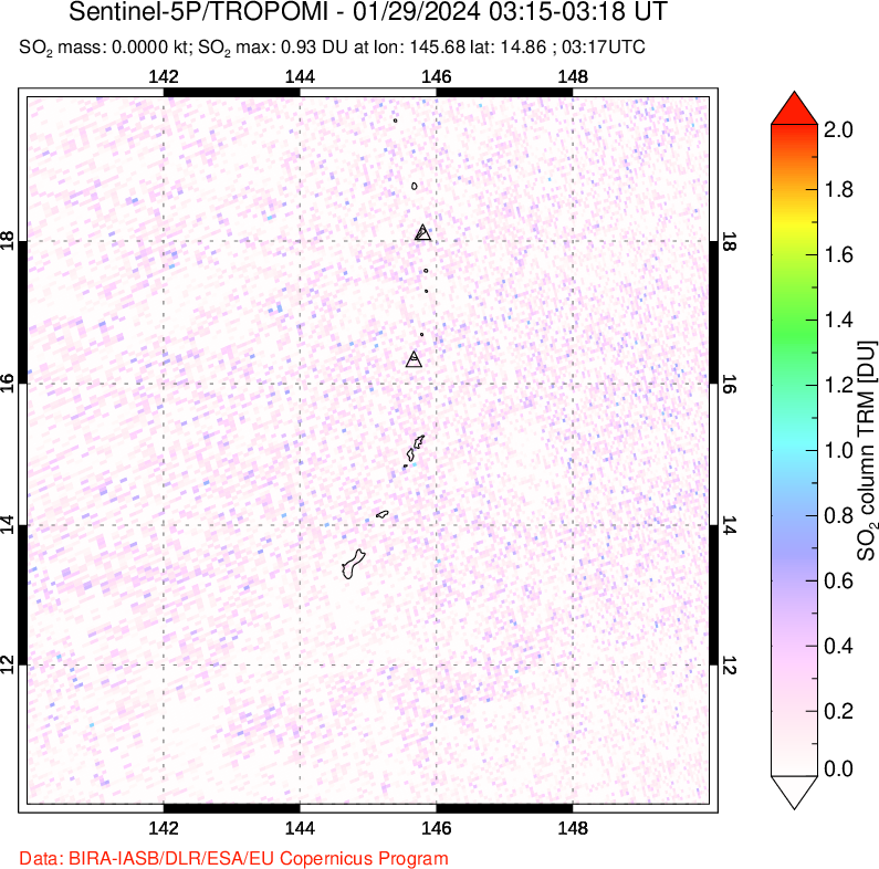 A sulfur dioxide image over Anatahan, Mariana Islands on Jan 29, 2024.