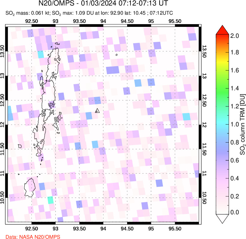 A sulfur dioxide image over Andaman Islands, Indian Ocean on Jan 03, 2024.