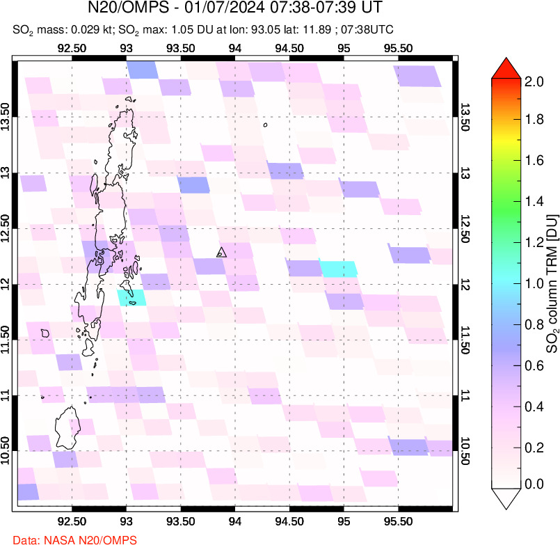 A sulfur dioxide image over Andaman Islands, Indian Ocean on Jan 07, 2024.