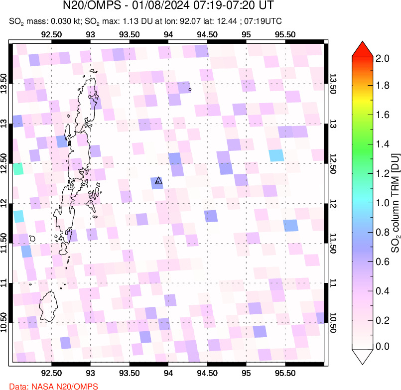 A sulfur dioxide image over Andaman Islands, Indian Ocean on Jan 08, 2024.