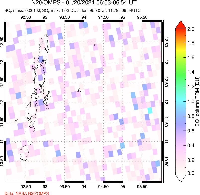 A sulfur dioxide image over Andaman Islands, Indian Ocean on Jan 20, 2024.