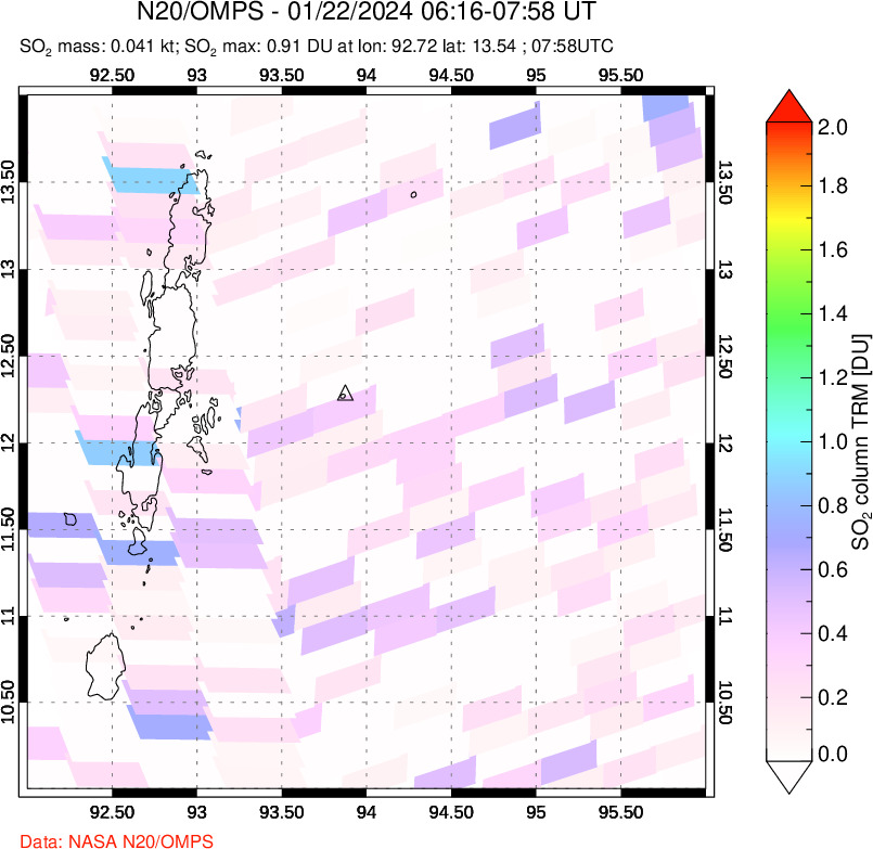 A sulfur dioxide image over Andaman Islands, Indian Ocean on Jan 22, 2024.