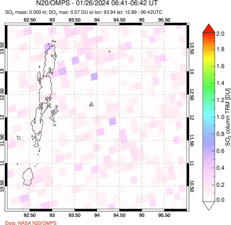 A sulfur dioxide image over Andaman Islands, Indian Ocean on Jan 26, 2024.