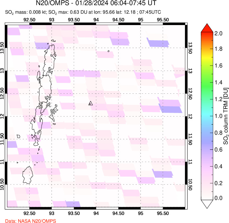 A sulfur dioxide image over Andaman Islands, Indian Ocean on Jan 28, 2024.