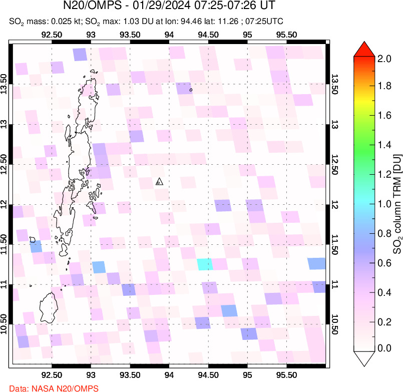 A sulfur dioxide image over Andaman Islands, Indian Ocean on Jan 29, 2024.