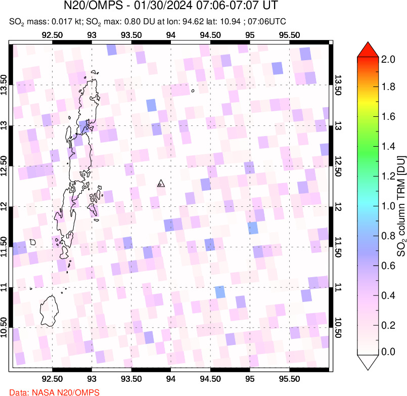 A sulfur dioxide image over Andaman Islands, Indian Ocean on Jan 30, 2024.