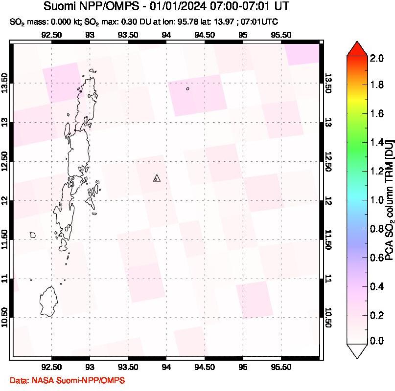 A sulfur dioxide image over Andaman Islands, Indian Ocean on Jan 01, 2024.