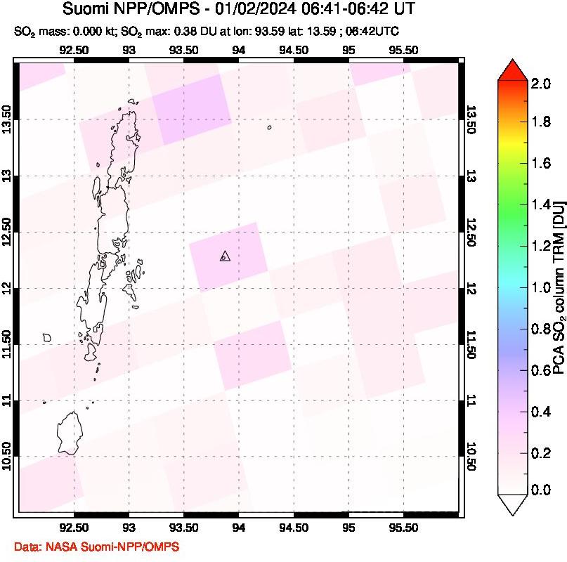 A sulfur dioxide image over Andaman Islands, Indian Ocean on Jan 02, 2024.