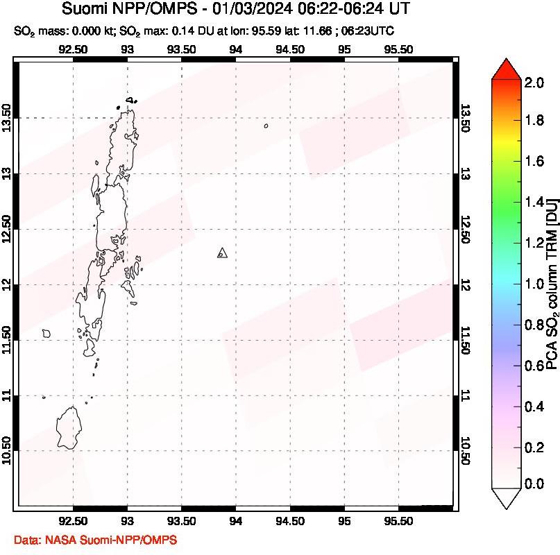 A sulfur dioxide image over Andaman Islands, Indian Ocean on Jan 03, 2024.