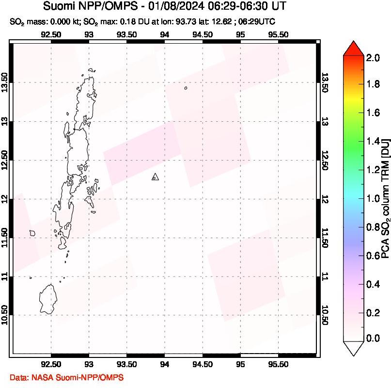 A sulfur dioxide image over Andaman Islands, Indian Ocean on Jan 08, 2024.