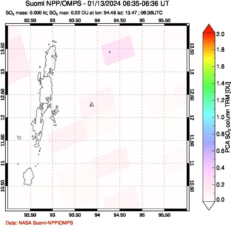 A sulfur dioxide image over Andaman Islands, Indian Ocean on Jan 13, 2024.