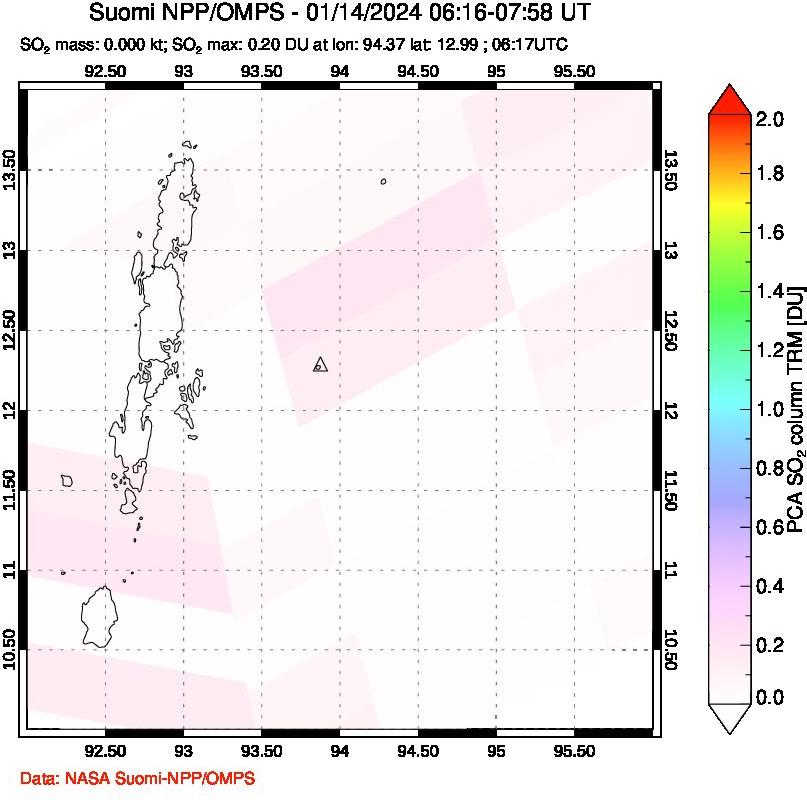 A sulfur dioxide image over Andaman Islands, Indian Ocean on Jan 14, 2024.