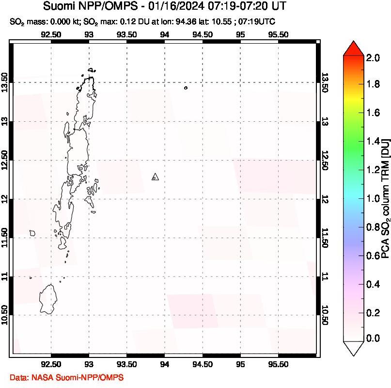 A sulfur dioxide image over Andaman Islands, Indian Ocean on Jan 16, 2024.