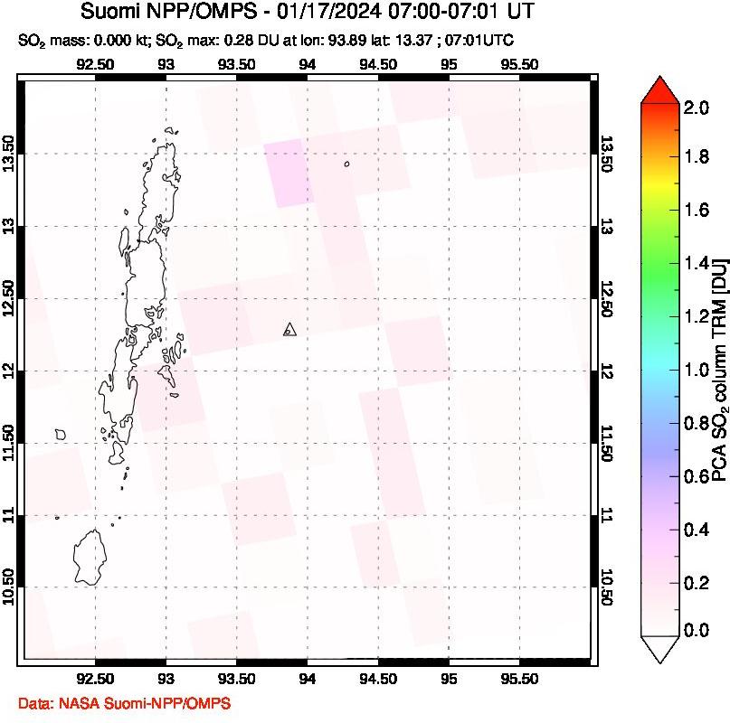 A sulfur dioxide image over Andaman Islands, Indian Ocean on Jan 17, 2024.