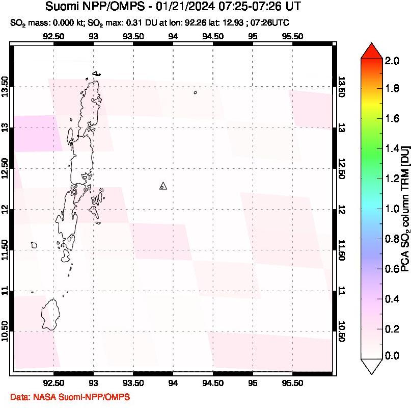 A sulfur dioxide image over Andaman Islands, Indian Ocean on Jan 21, 2024.