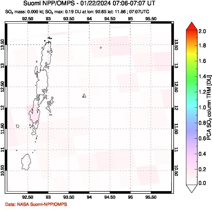 A sulfur dioxide image over Andaman Islands, Indian Ocean on Jan 22, 2024.