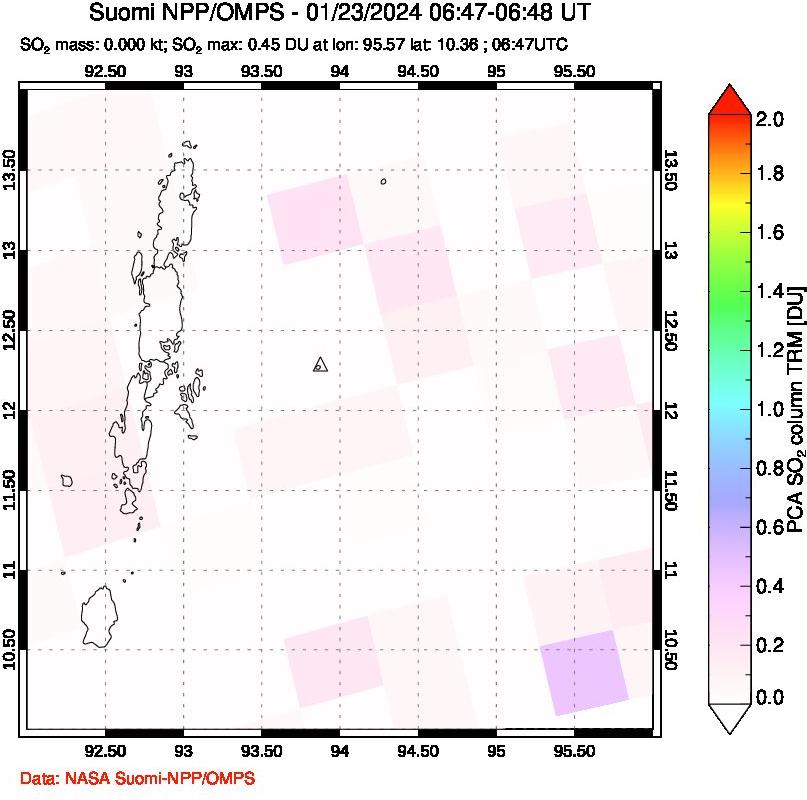 A sulfur dioxide image over Andaman Islands, Indian Ocean on Jan 23, 2024.