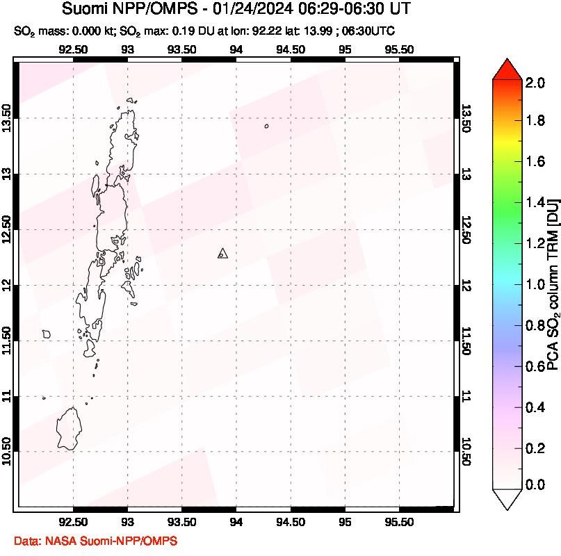 A sulfur dioxide image over Andaman Islands, Indian Ocean on Jan 24, 2024.