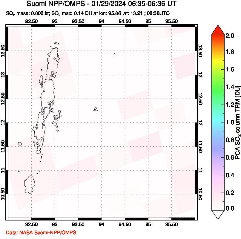 A sulfur dioxide image over Andaman Islands, Indian Ocean on Jan 29, 2024.