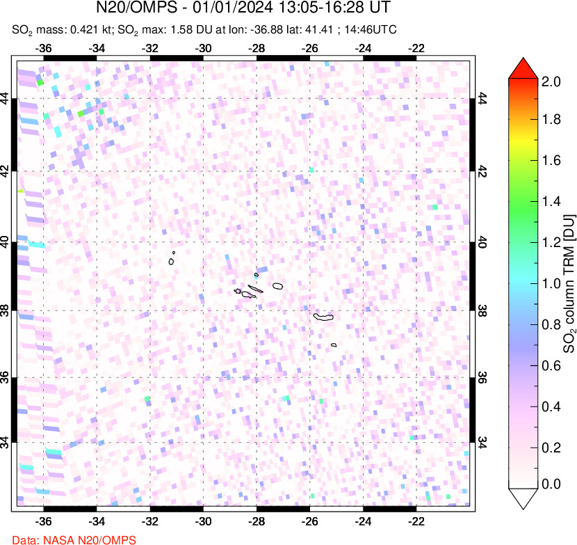 A sulfur dioxide image over Azores Islands, Portugal on Jan 01, 2024.