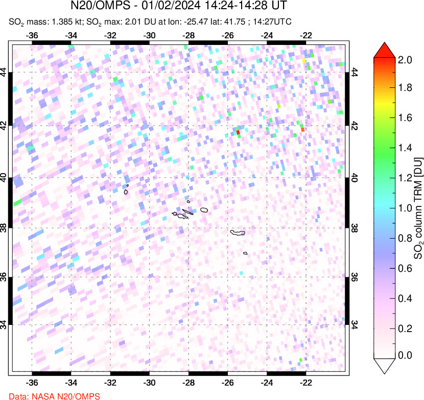 A sulfur dioxide image over Azores Islands, Portugal on Jan 02, 2024.