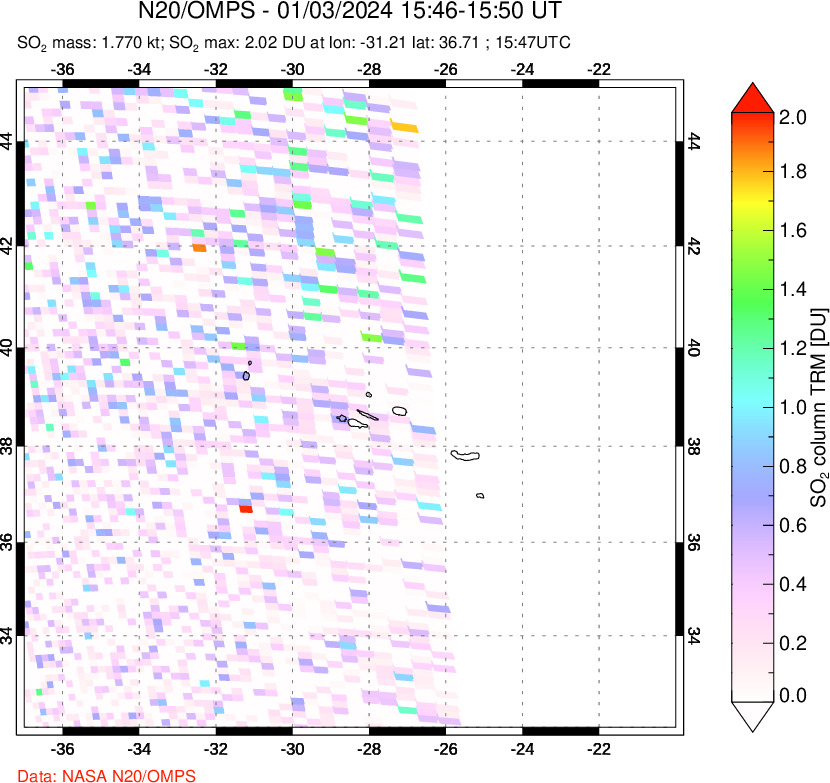 A sulfur dioxide image over Azores Islands, Portugal on Jan 03, 2024.