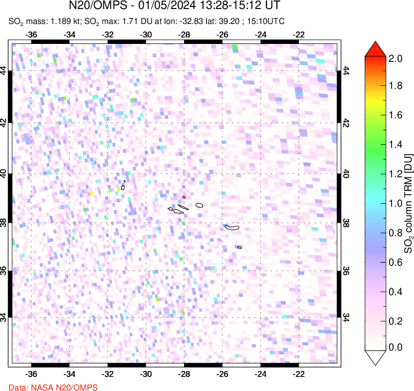 A sulfur dioxide image over Azores Islands, Portugal on Jan 05, 2024.