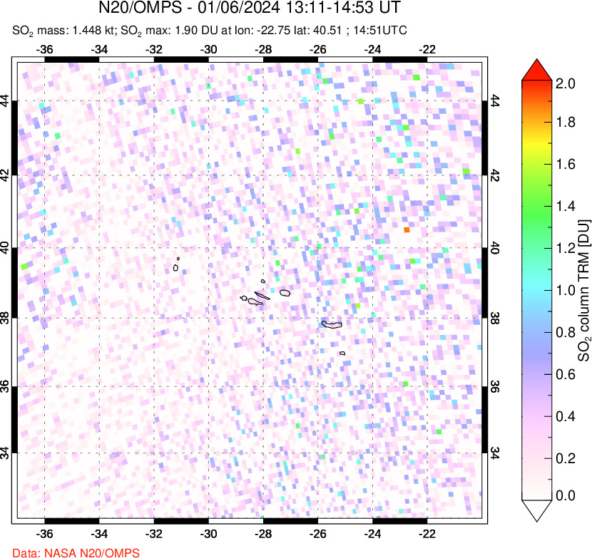 A sulfur dioxide image over Azores Islands, Portugal on Jan 06, 2024.