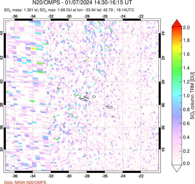 A sulfur dioxide image over Azores Islands, Portugal on Jan 07, 2024.