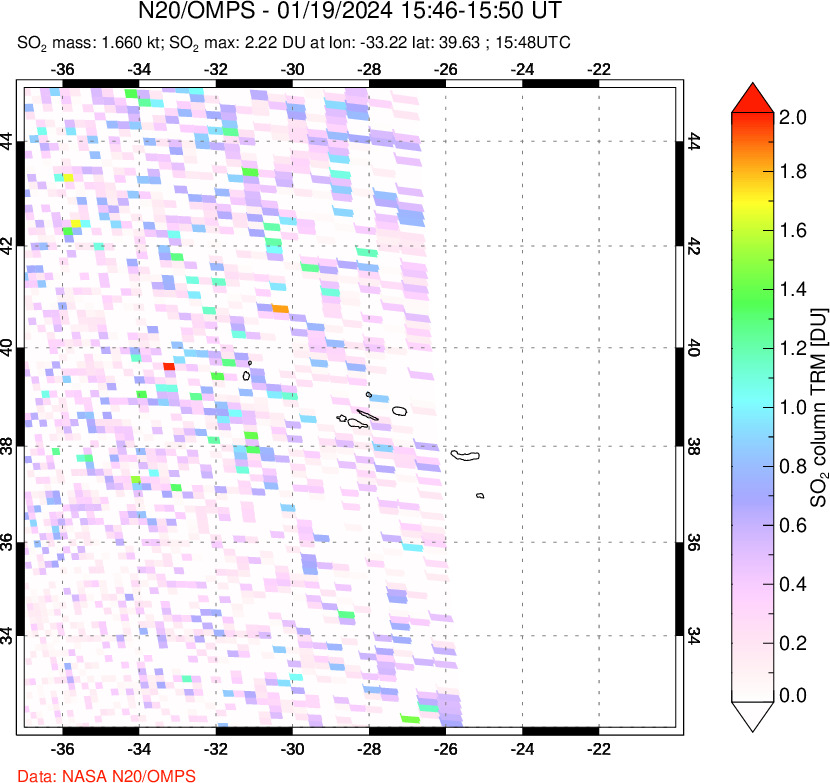 A sulfur dioxide image over Azores Islands, Portugal on Jan 19, 2024.