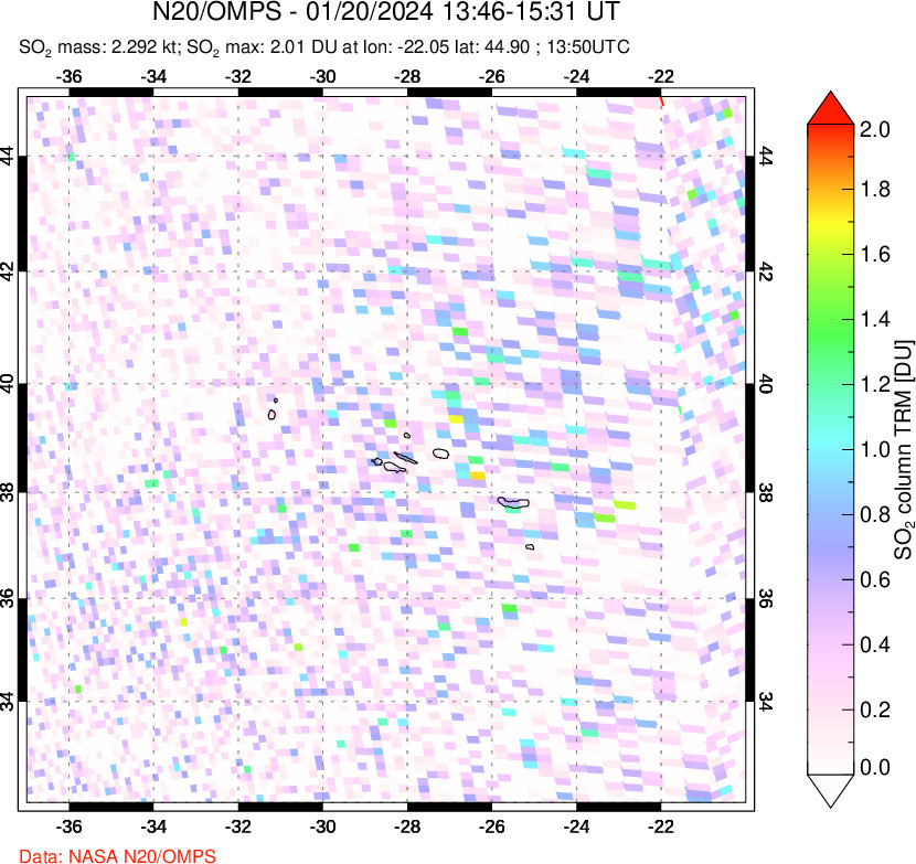 A sulfur dioxide image over Azores Islands, Portugal on Jan 20, 2024.