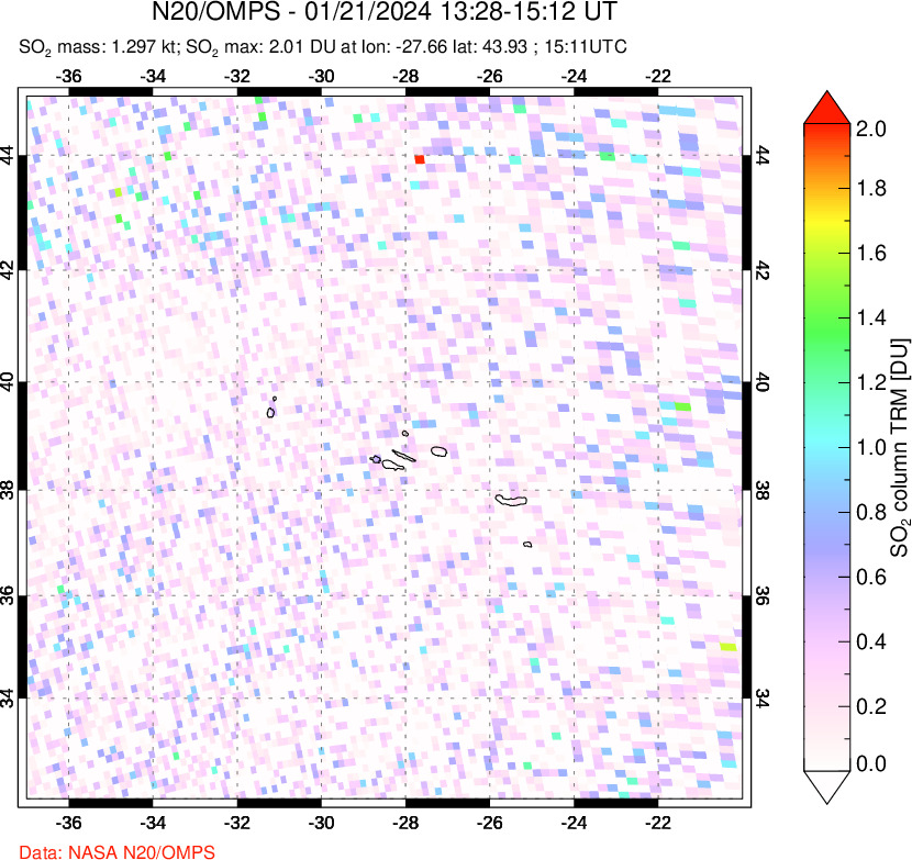 A sulfur dioxide image over Azores Islands, Portugal on Jan 21, 2024.