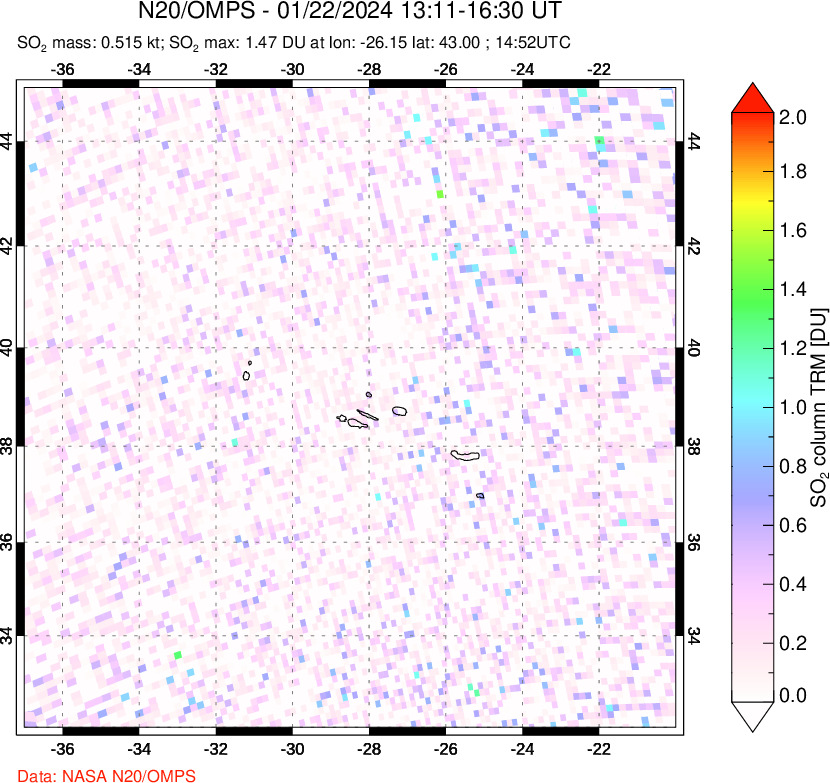 A sulfur dioxide image over Azores Islands, Portugal on Jan 22, 2024.