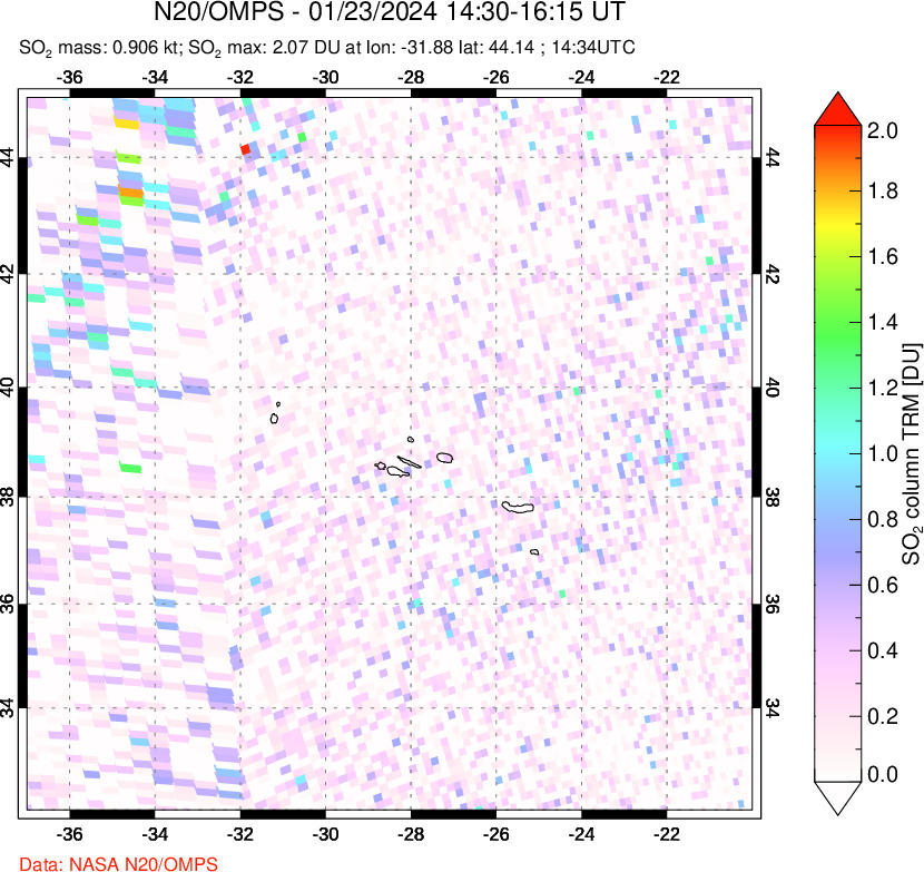 A sulfur dioxide image over Azores Islands, Portugal on Jan 23, 2024.