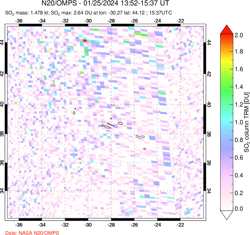 A sulfur dioxide image over Azores Islands, Portugal on Jan 25, 2024.