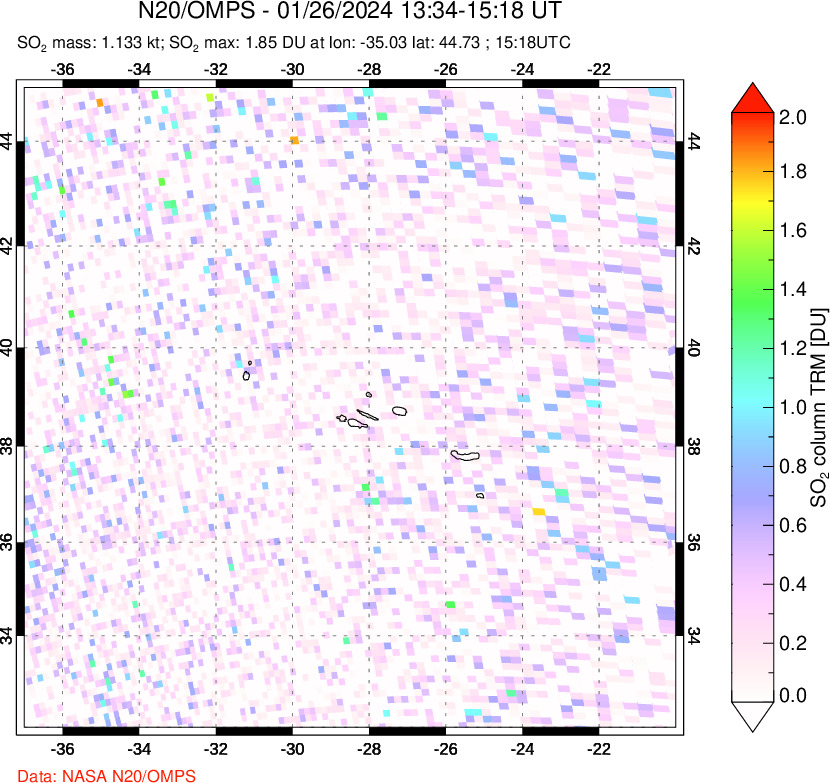 A sulfur dioxide image over Azores Islands, Portugal on Jan 26, 2024.