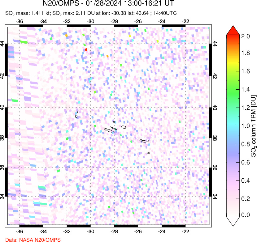 A sulfur dioxide image over Azores Islands, Portugal on Jan 28, 2024.