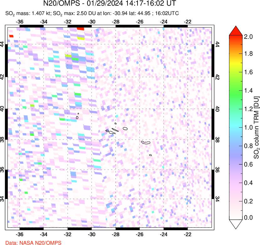 A sulfur dioxide image over Azores Islands, Portugal on Jan 29, 2024.